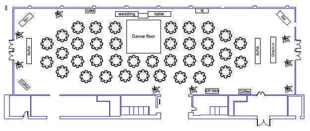 Sample wedding floor plan with dance floor, buffets and bars